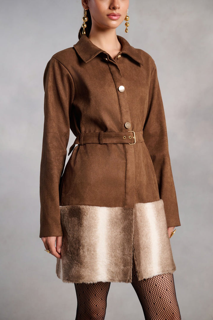 Juliana Brown Suede and Fur Coat Dress - Zabella