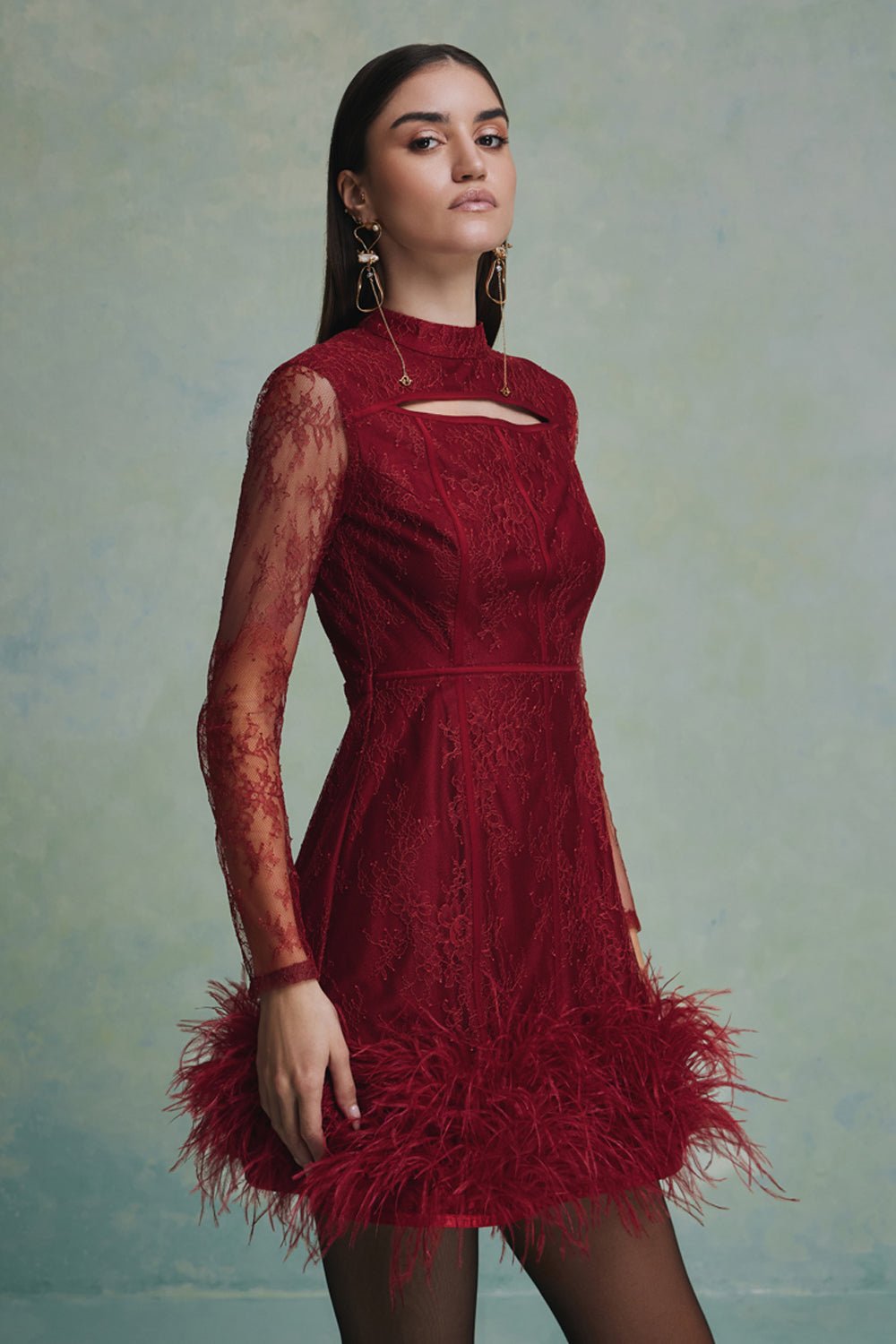 Luna Feather Lace Mini Dress - Zabella