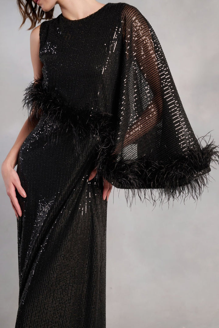 Madeline Black Sequin Feather Dress - Zabella