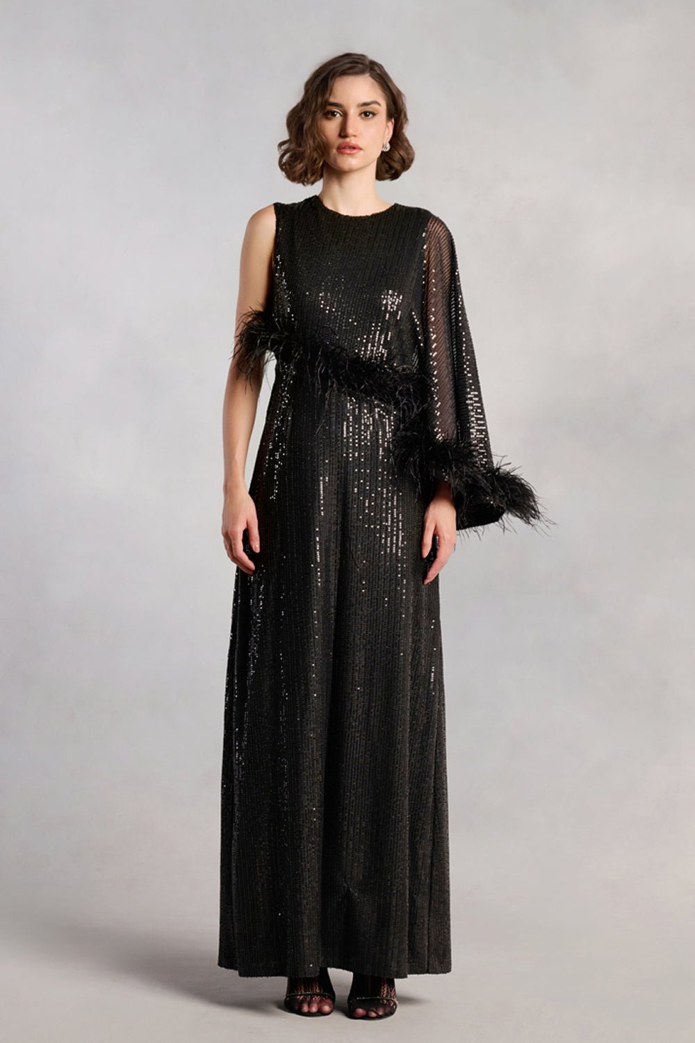 Madeline Black Sequin Feather Dress - Zabella