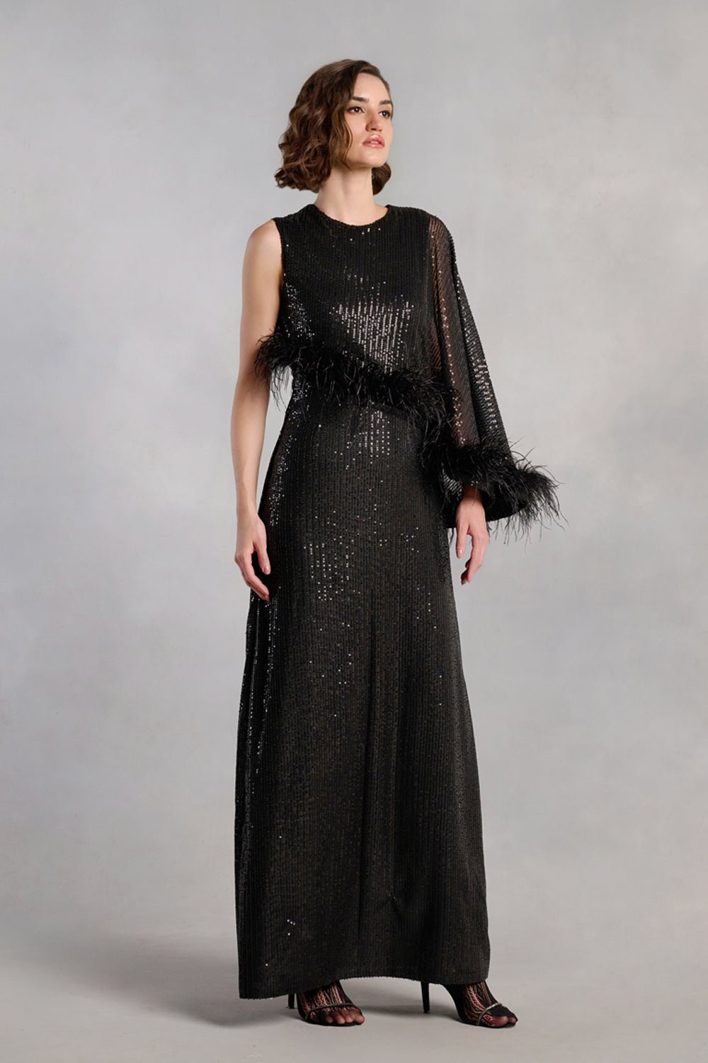 Madeline Black Sequin Feather Dress - Zabella