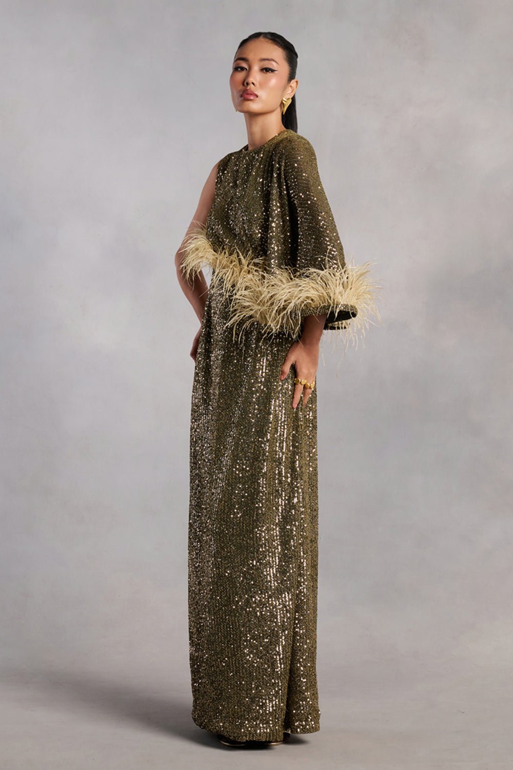 Madison Olive Green Sequin Feather Dress - Zabella