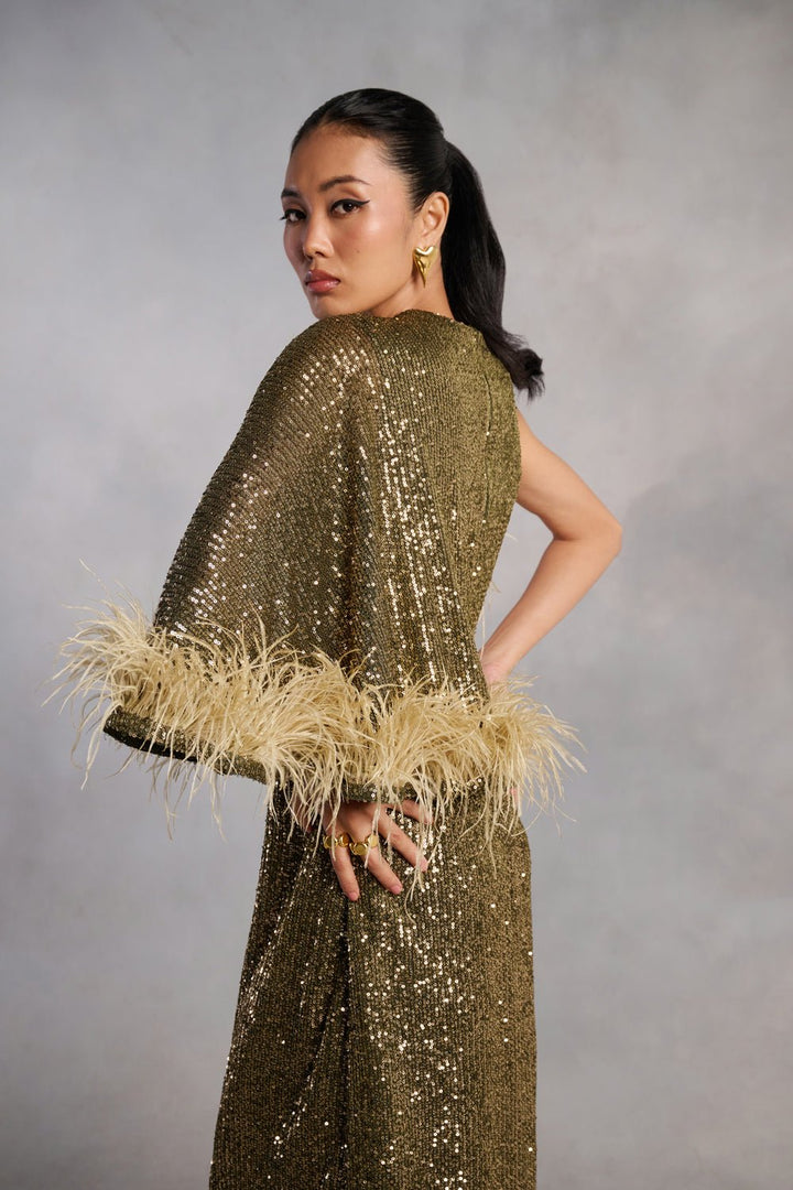 Madison Olive Green Sequin Feather Dress - Zabella