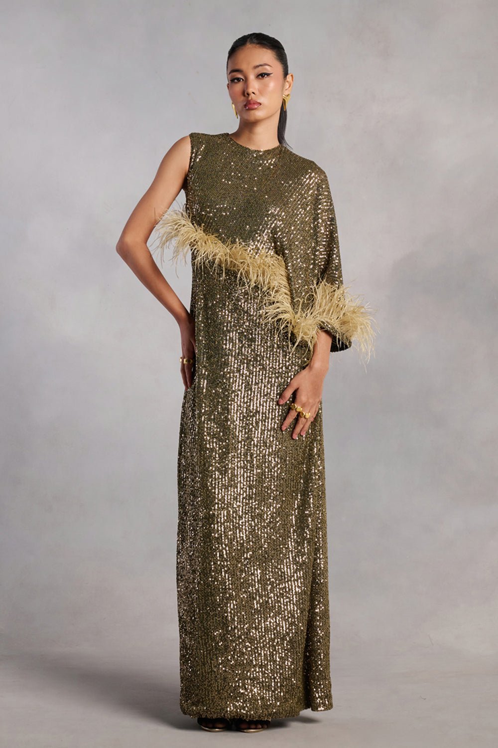 Madison Olive Green Sequin Feather Dress - Zabella