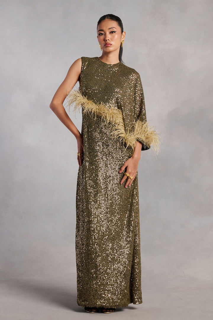 Madison Olive Green Sequin Feather Dress - Zabella