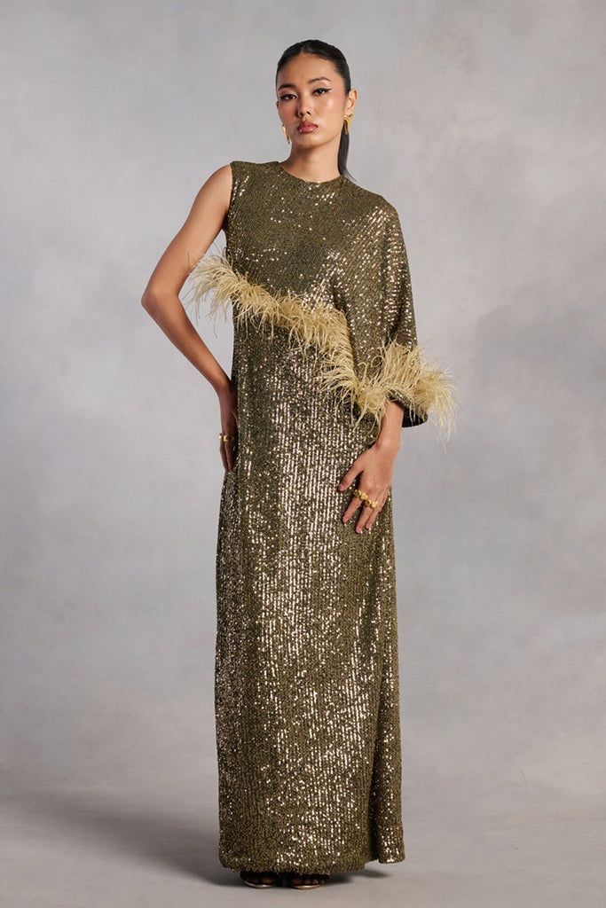 green emerald velvet dress BABARONI Long Sequins Dress with Off The Shoulder Olive Green, Olive Green / US0