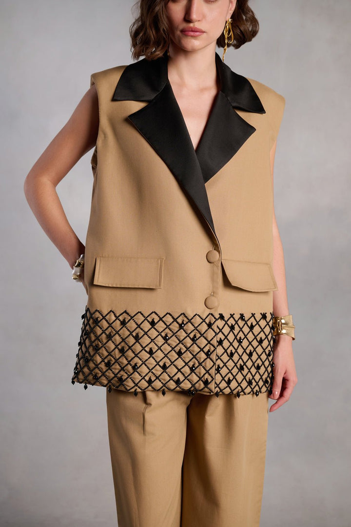 Margaret Beige and Black Hand Embroidered Cut Sleeves Blazer - Zabella