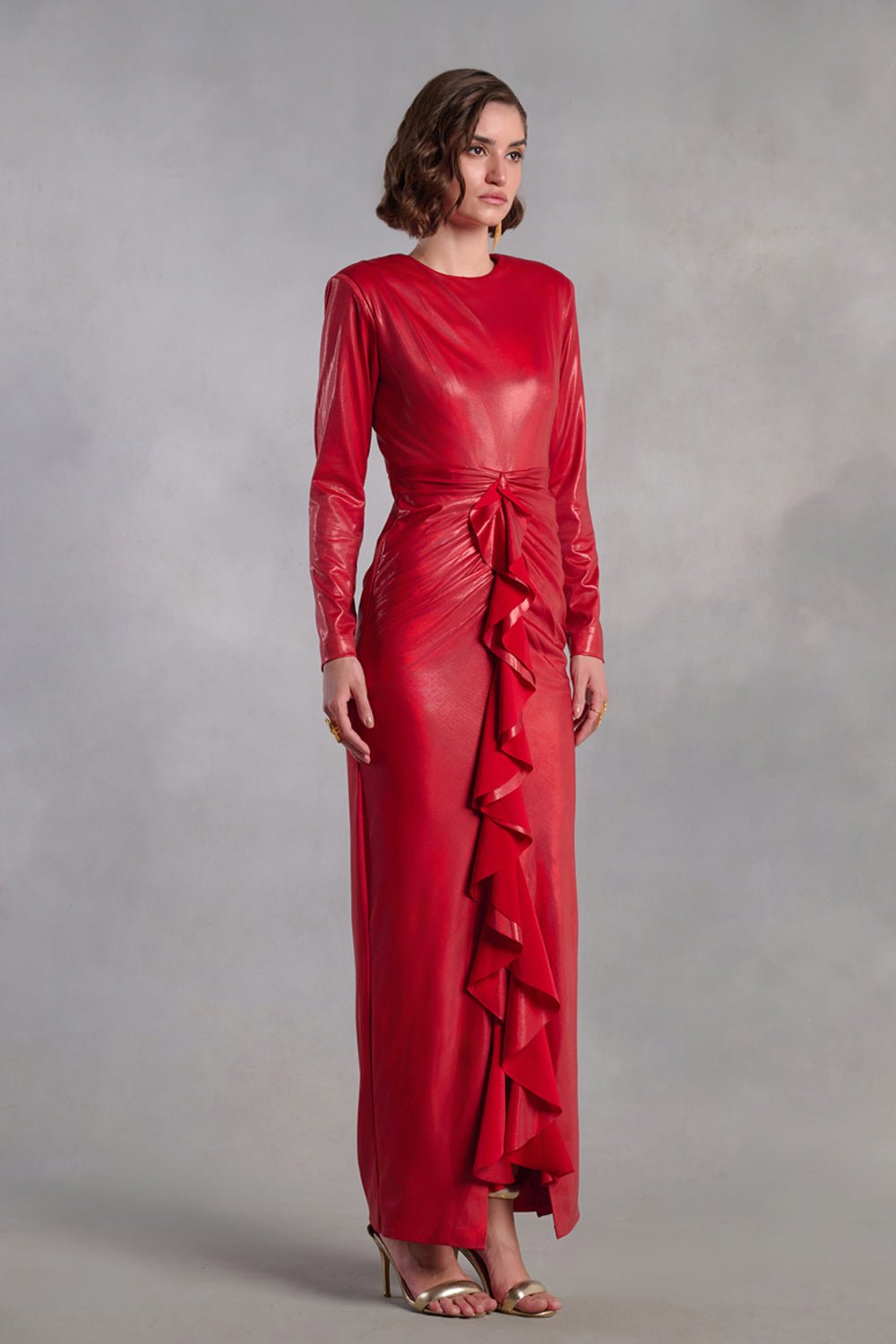 Melody Red Metallic Draped Dress - Zabella