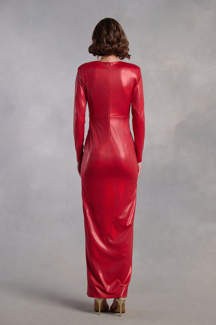 Melody Red Metallic Draped Dress - Zabella