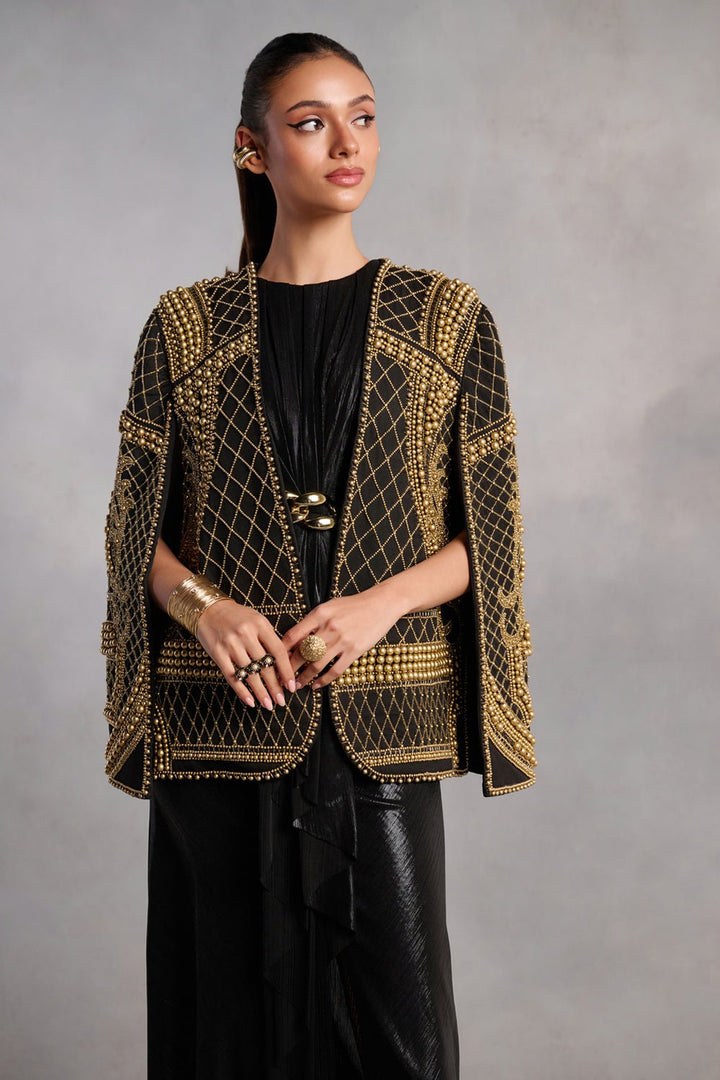 Natalie Black and Gold Pearl Cape Jacket - Zabella