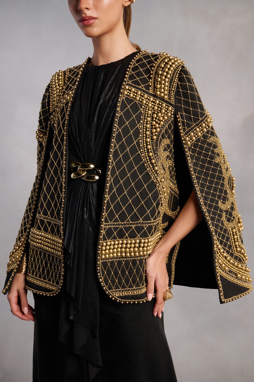 Natalie Black and Gold Pearl Cape Jacket - Zabella