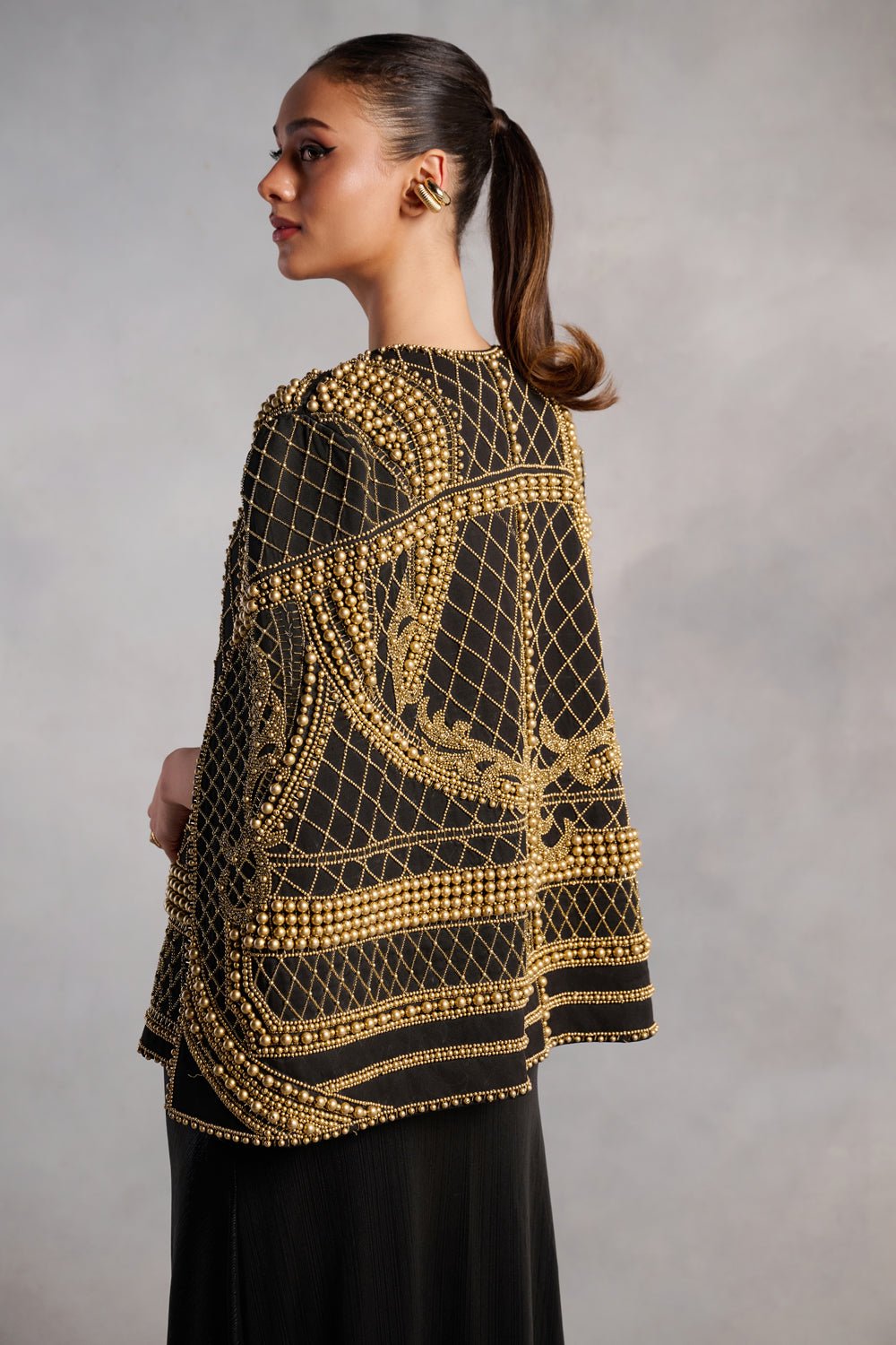 Natalie Black and Gold Pearl Cape Jacket - Zabella