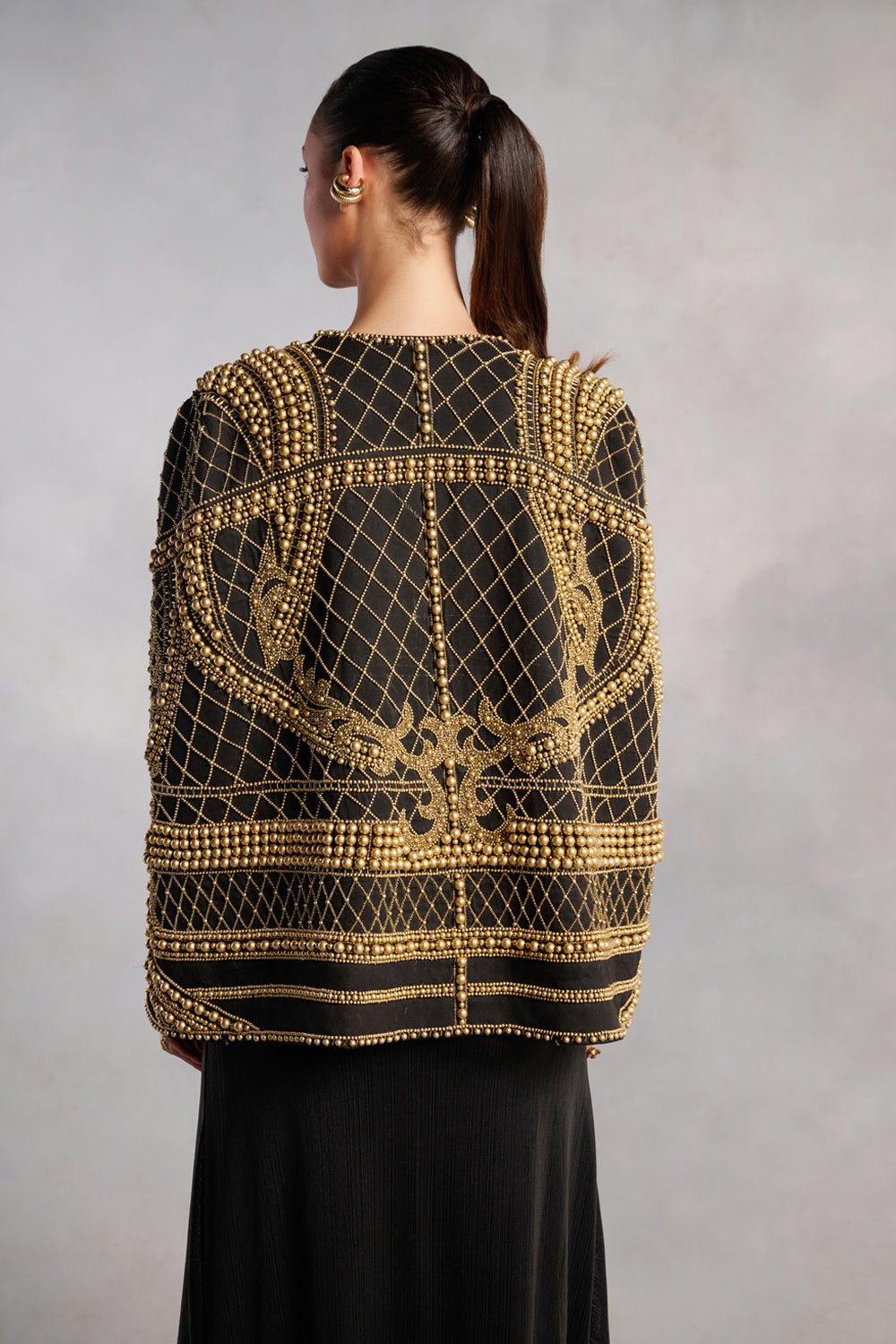 Natalie Black and Gold Pearl Cape Jacket - Zabella