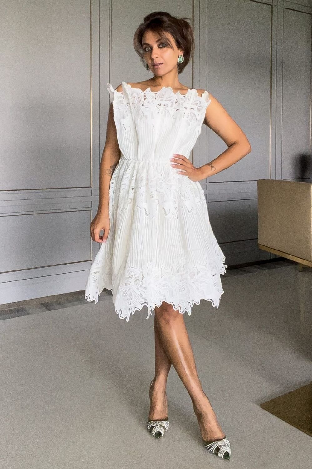 Nriti Shah In Our White Scallop Lace Mini Dress - Zabella