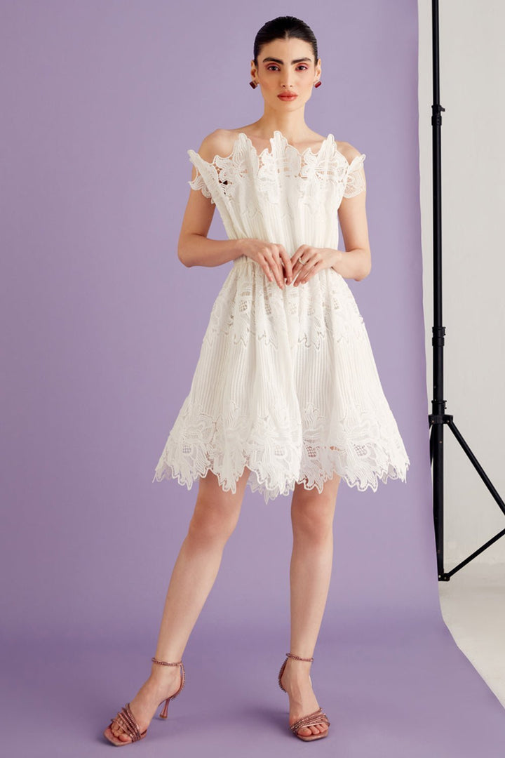 Nriti Shah In Our White Scallop Lace Mini Dress - Zabella