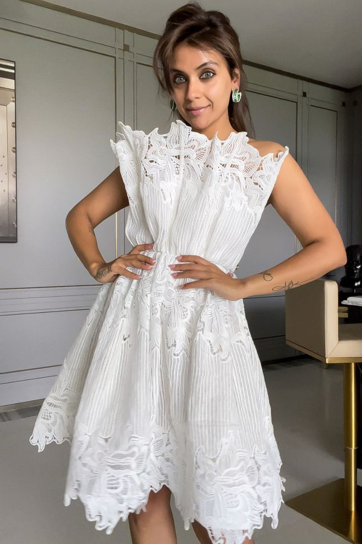 Nriti Shah In Our White Scallop Lace Mini Dress - Zabella