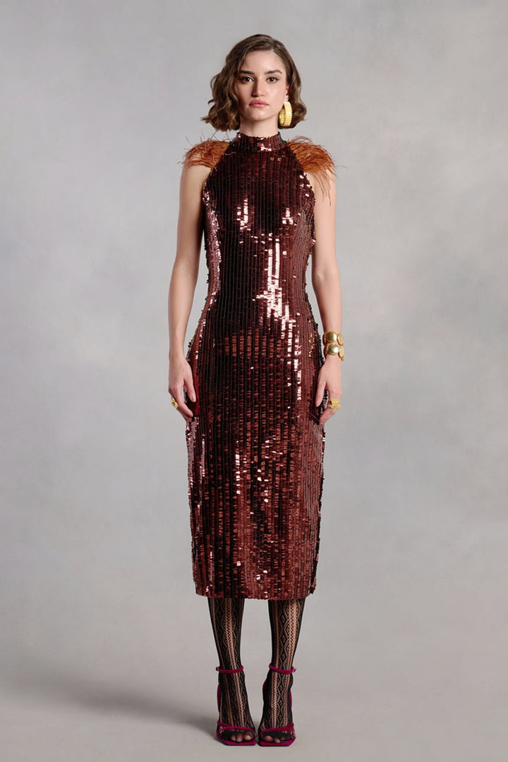 Paisley Brown Sequins Midi Dress With Feathers - Zabella