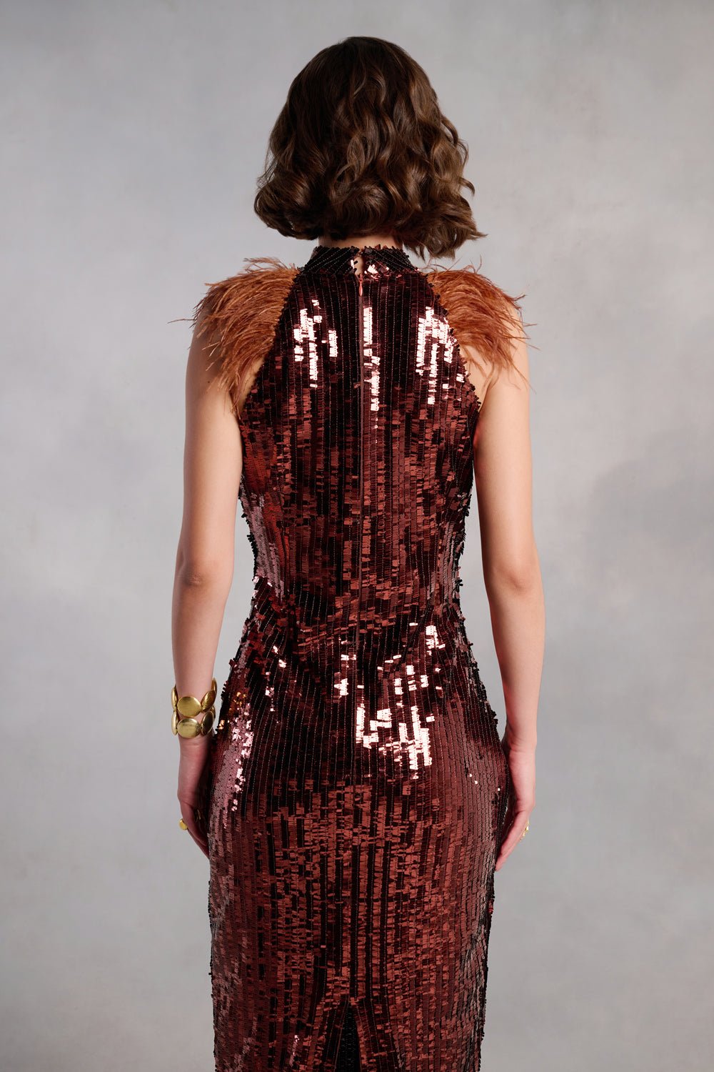 Paisley Brown Sequins Midi Dress With Feathers - Zabella