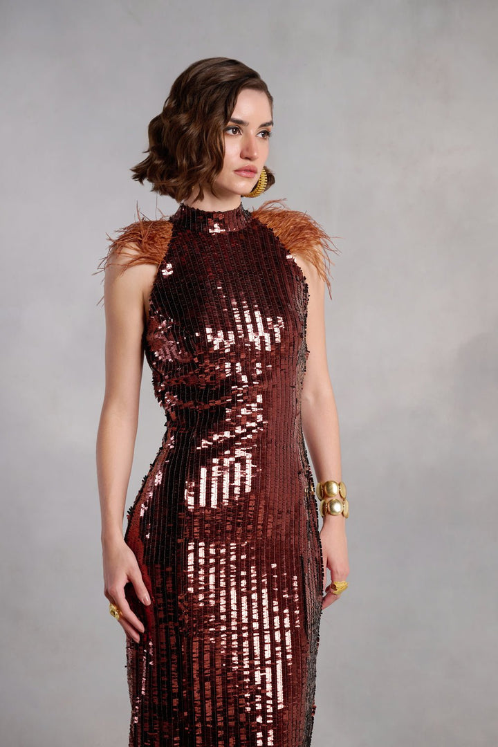 Paisley Brown Sequins Midi Dress With Feathers - Zabella