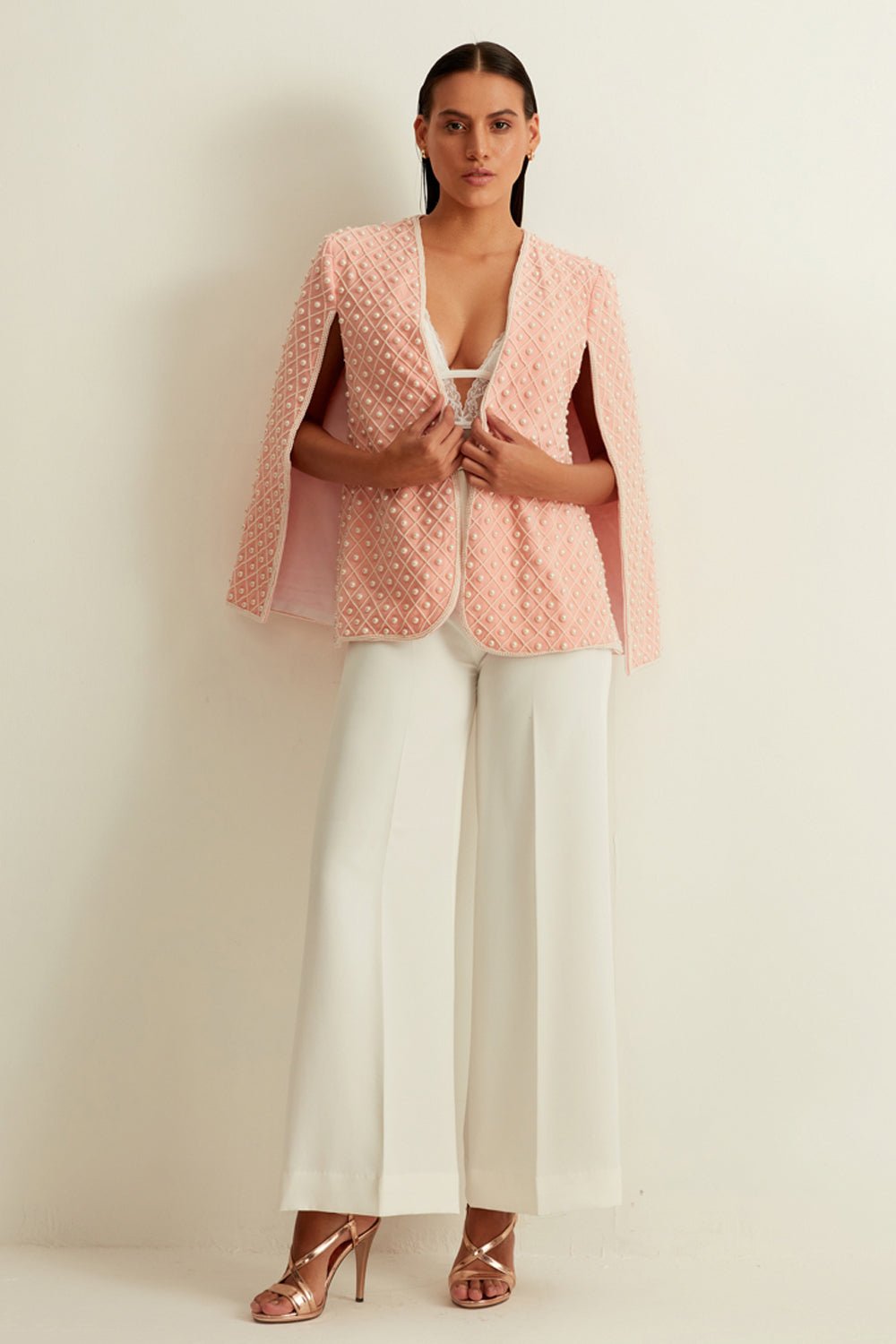 Kusha Kapila In Our Pale Pink Pearl Embellished Cape