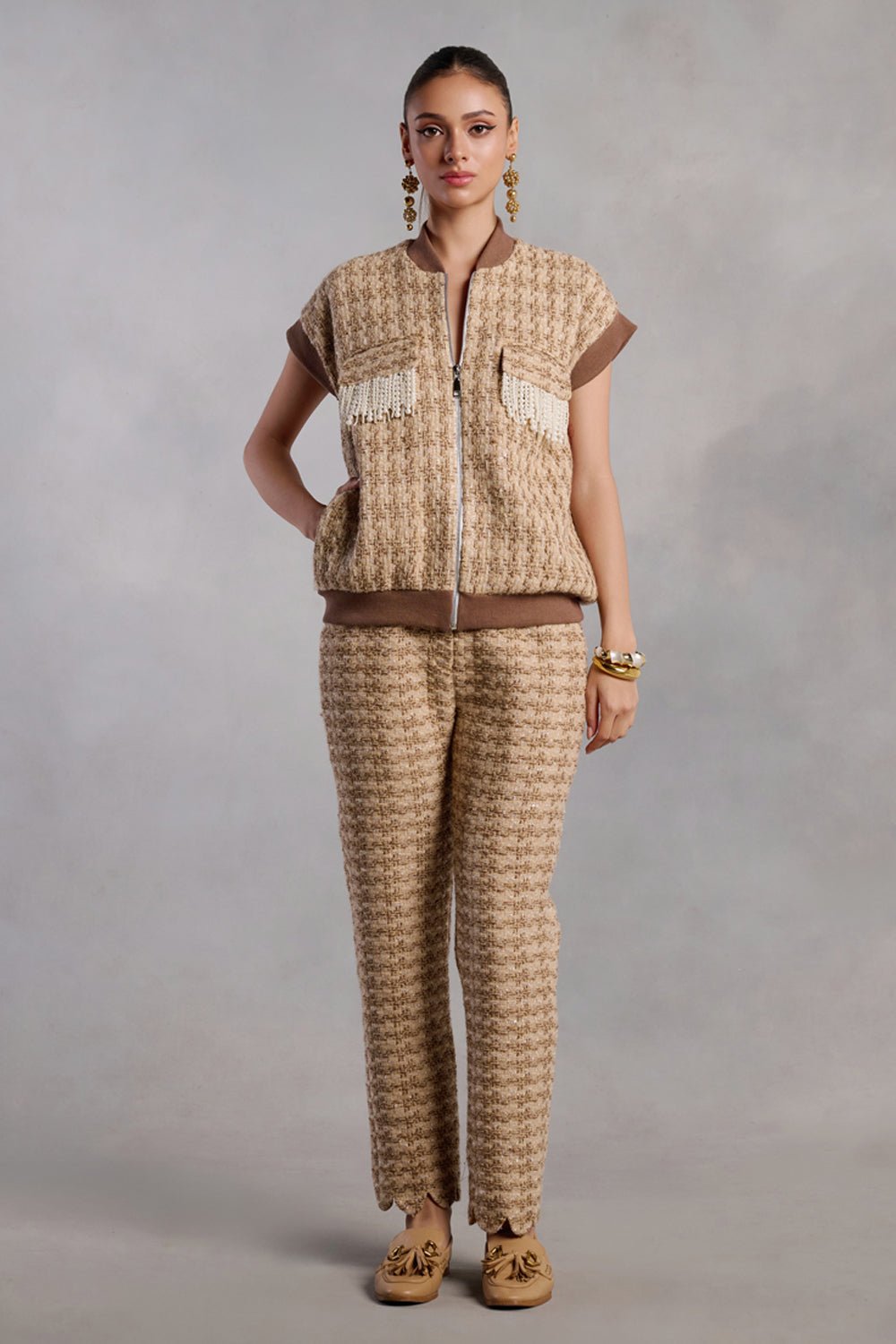 Regan Tan Tweed Co - ord Set With Pearl Detailed Pockets - Zabella