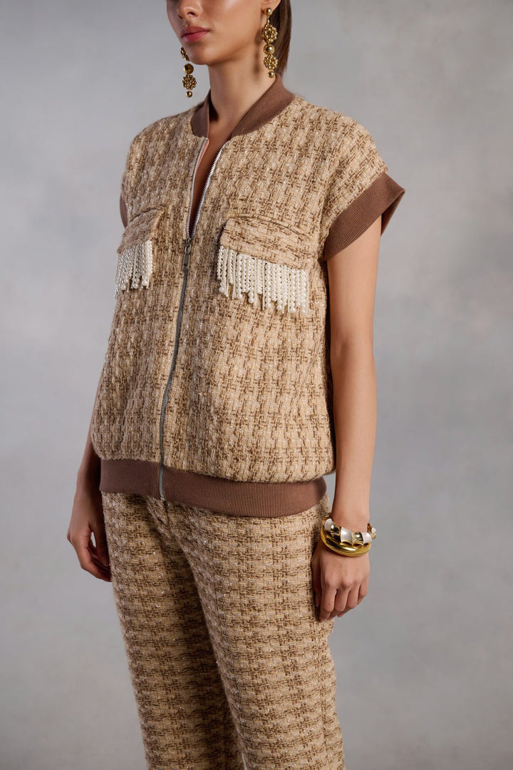 Regan Tan Tweed Jacket With Pearl Detailed Pockets - Zabella