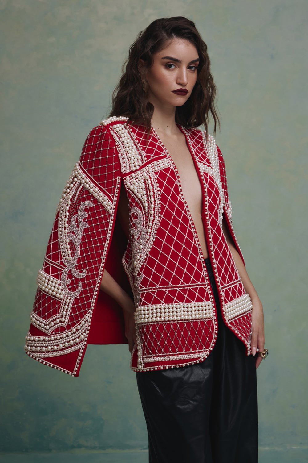 Rosette Red and White Pearl Cape Jacket - Zabella