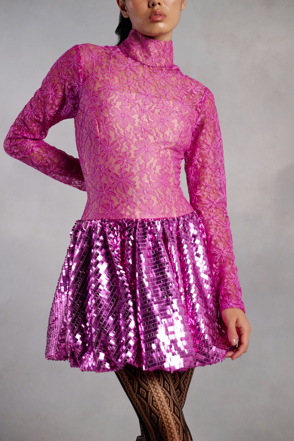 Samantha Pink Lace and Sequins Mini Dress - Zabella