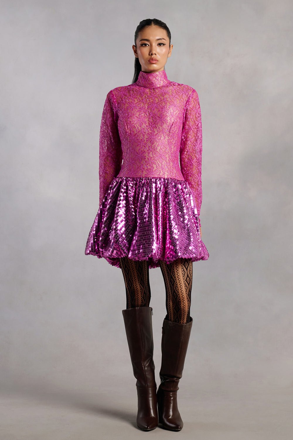 Samantha Pink Lace and Sequins Mini Dress - Zabella