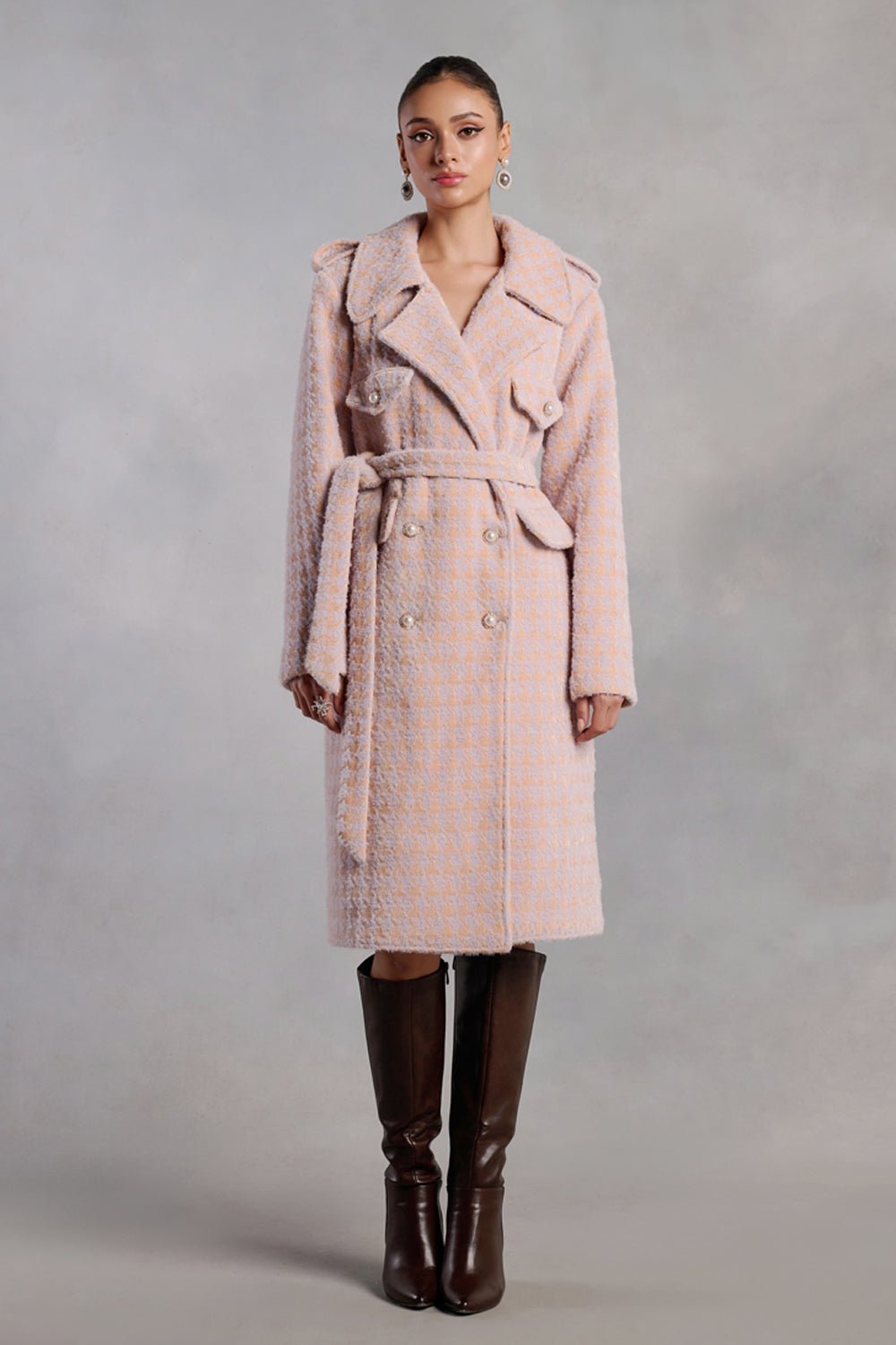 Serenity Woollen Long Trench With Pearl Buttons - Zabella