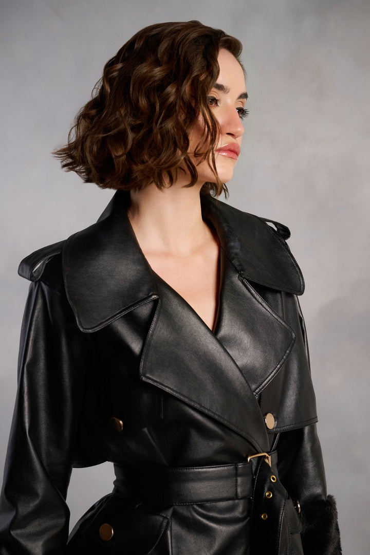 Stella Black Leather and Fur Coat Dress - Zabella