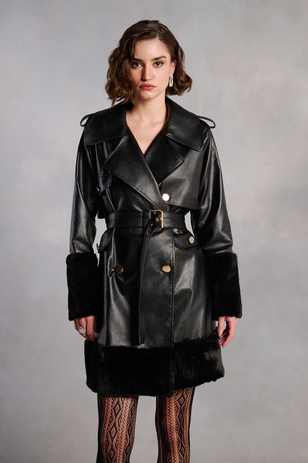 Stella Black Leather and Fur Coat Dress - Zabella