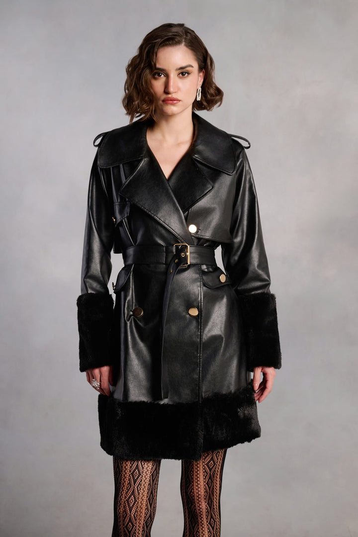 Stella Black Leather and Fur Coat Dress - Zabella