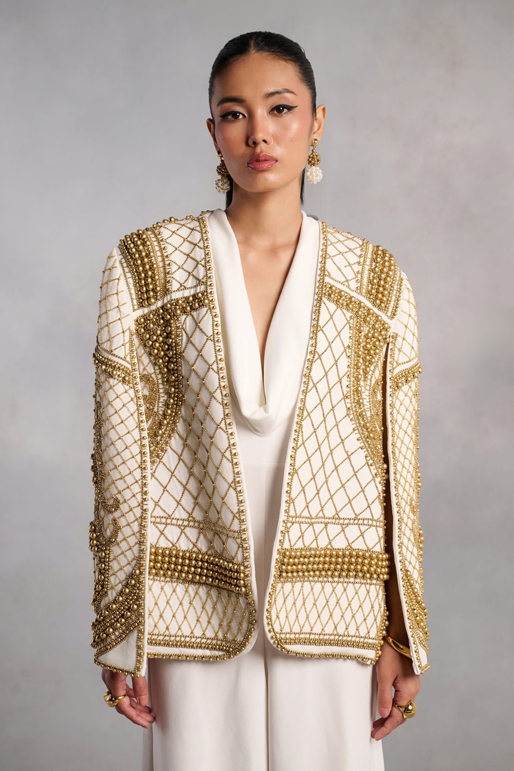 Victoria White and Gold Pearl Cape Jacket - Zabella