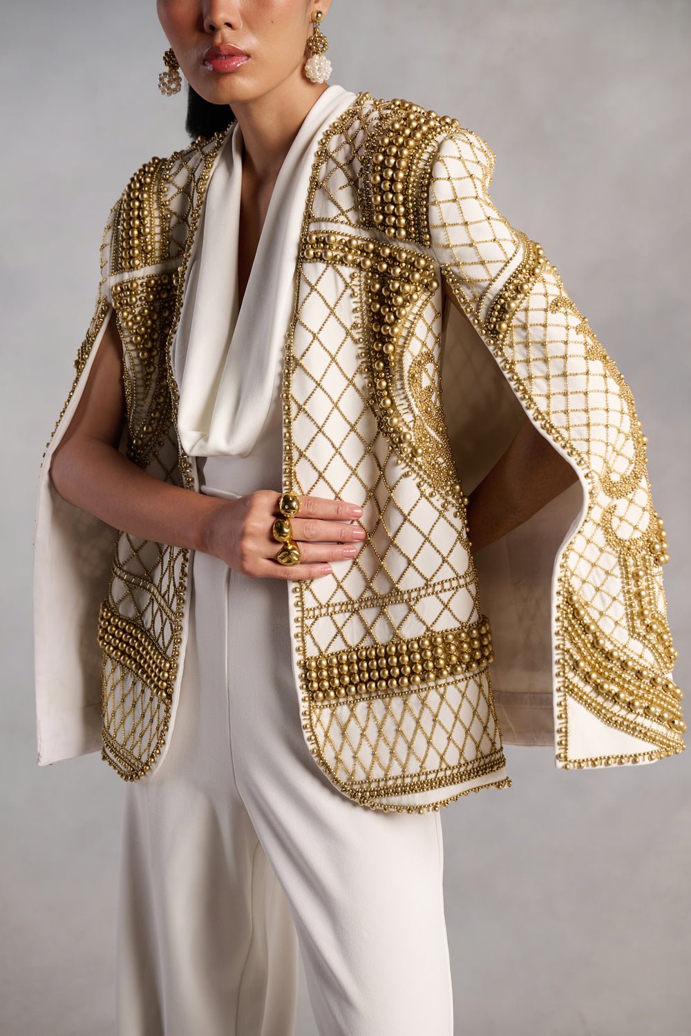 Victoria White and Gold Pearl Cape Jacket - Zabella