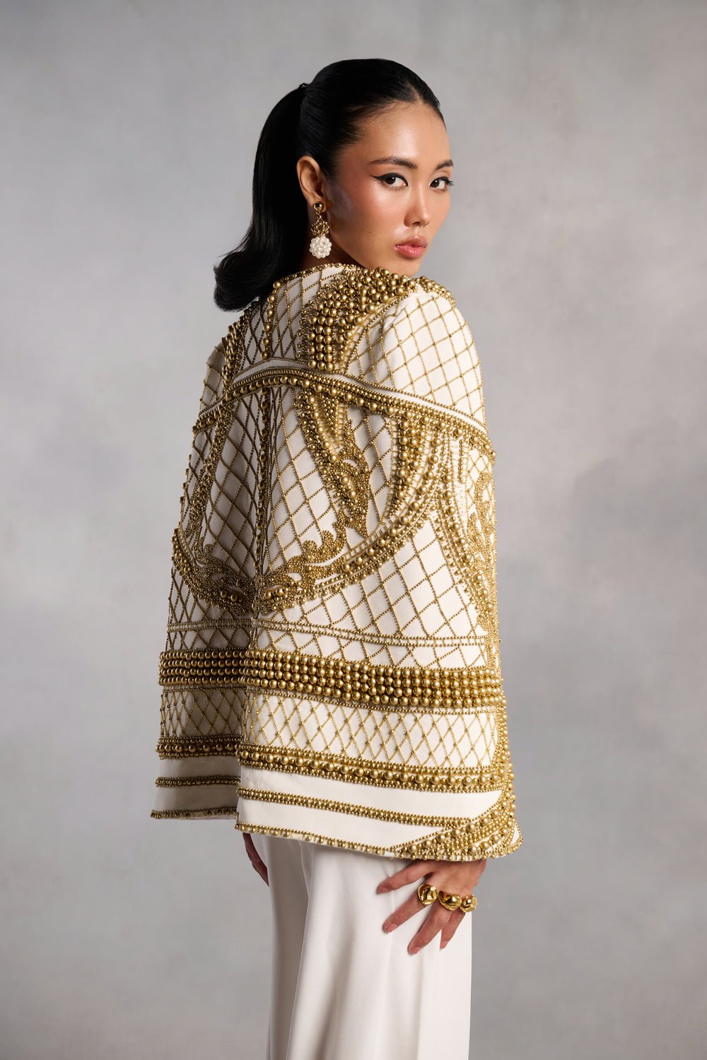 Victoria White and Gold Pearl Cape Jacket - Zabella