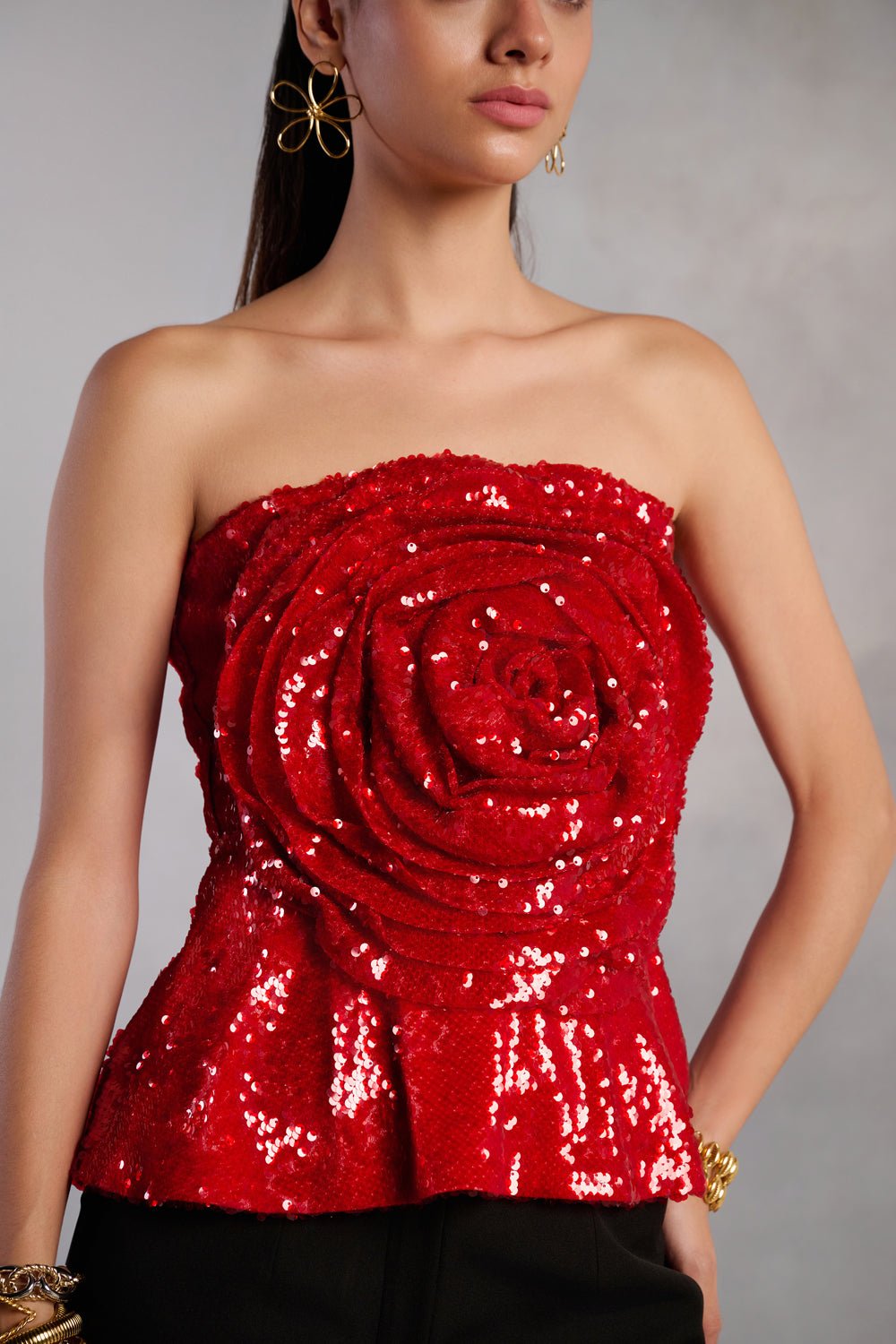 Willow Red Sequins Off Tube Rose Top - Zabella