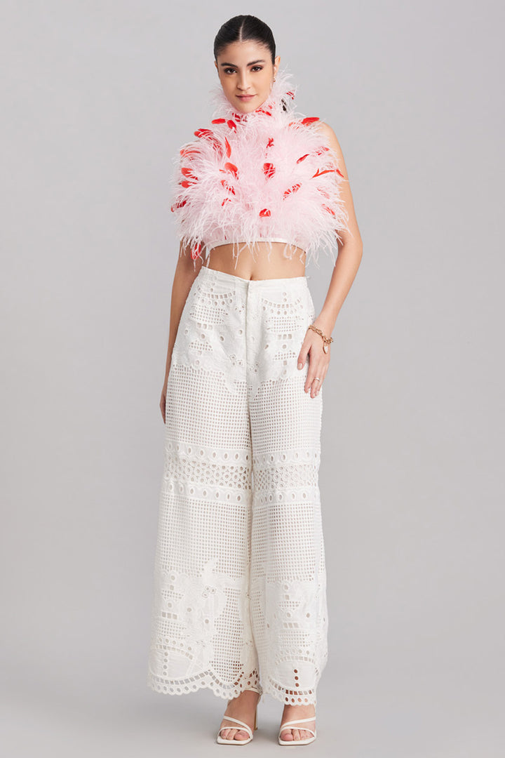 Powder Pink & Red Feather Halter Neck Top