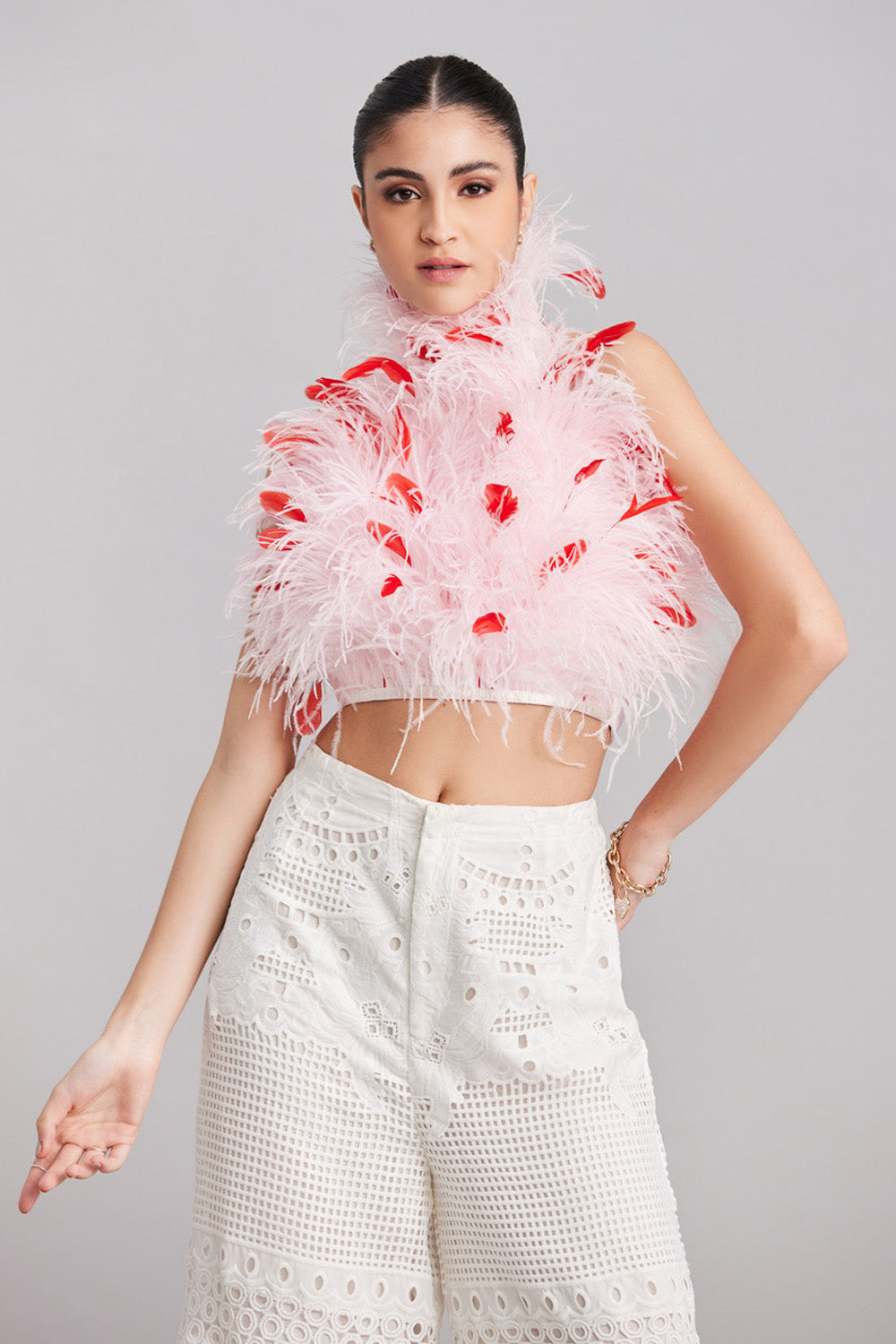 Powder Pink & Red Feather Halter Neck Top