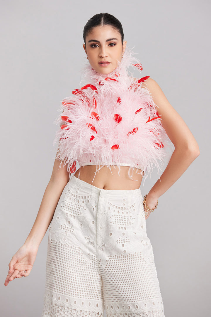 Powder Pink & Red Feather Halter Neck Top