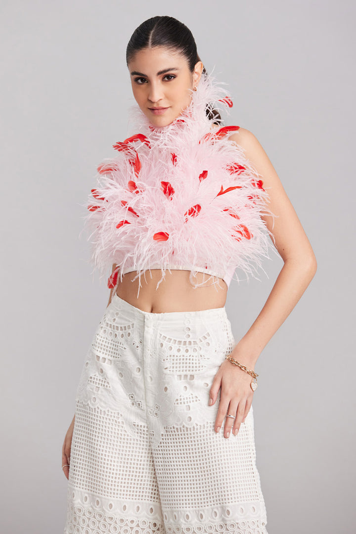 Powder Pink & Red Feather Halter Neck Top