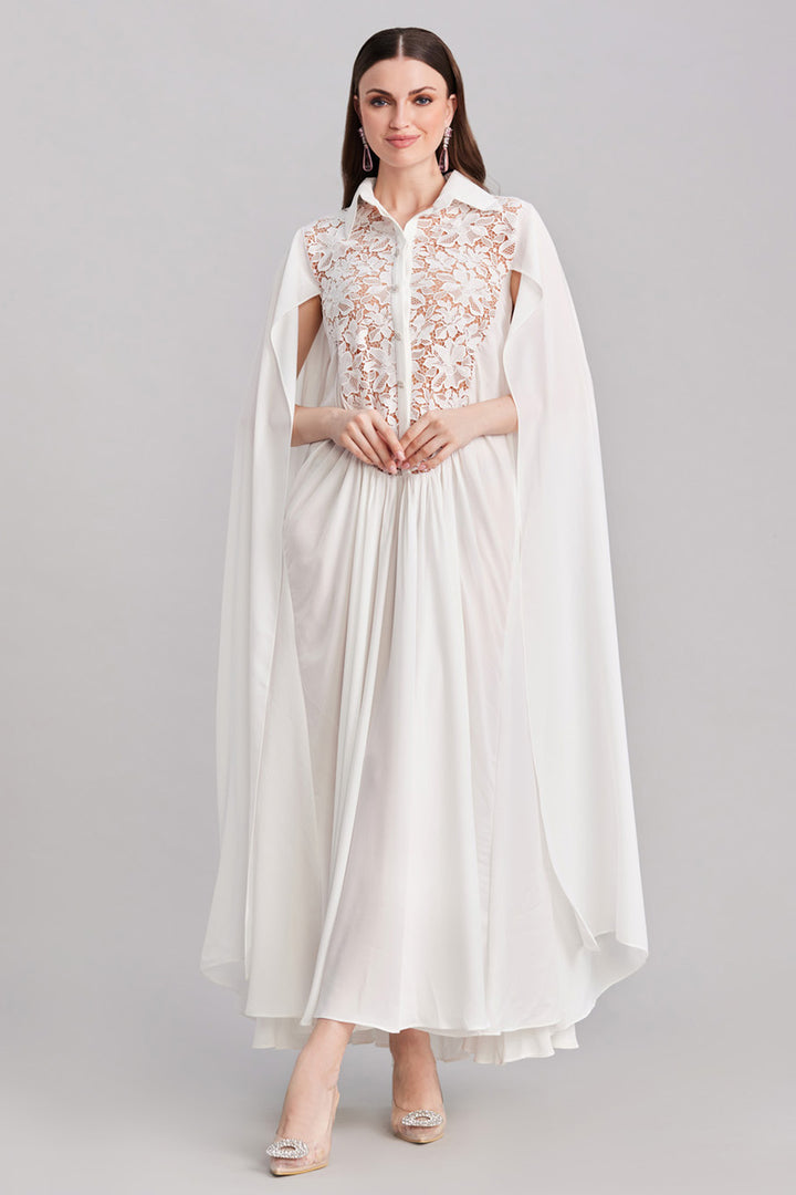 White Lace & Georgette Cape Dress