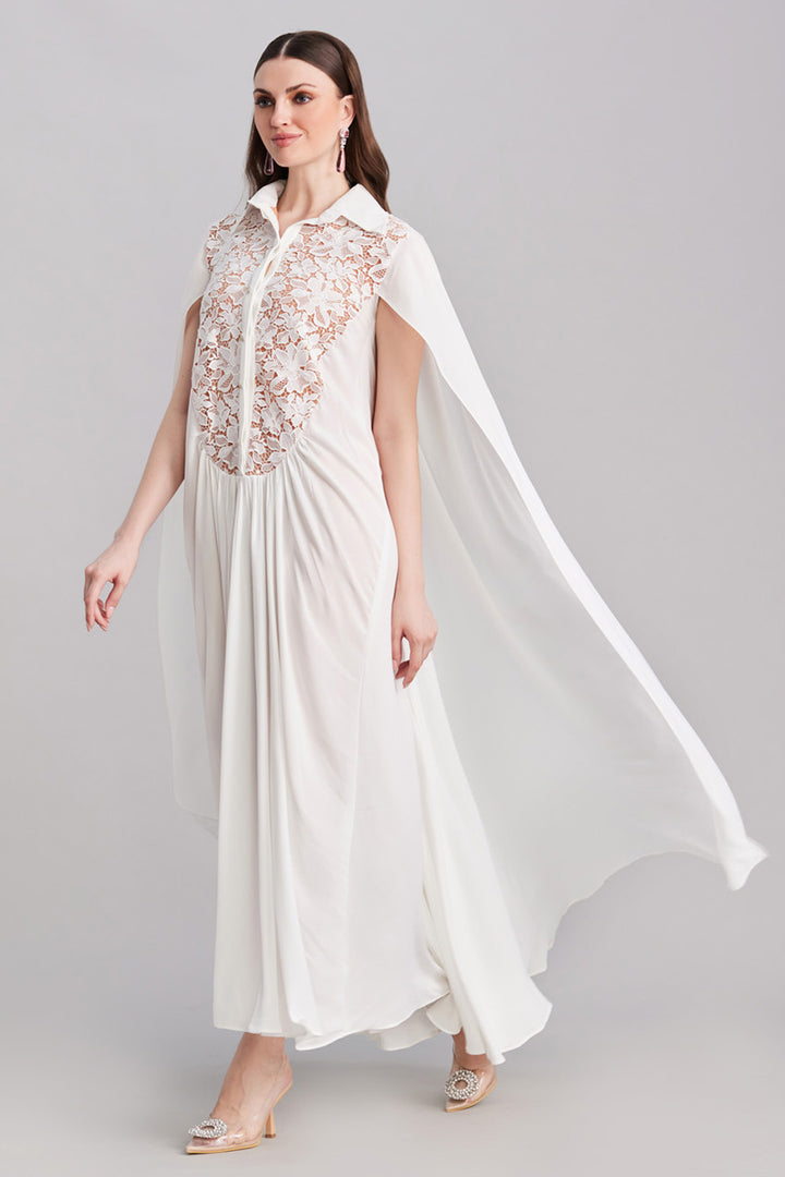 White Lace & Georgette Cape Dress