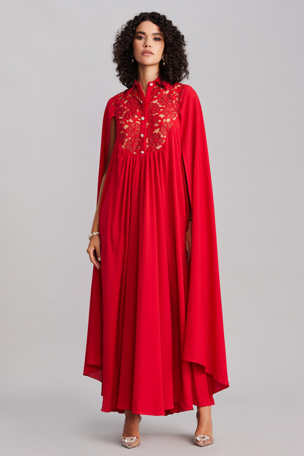 Ruby Red Lace & Georgette Cape Dress