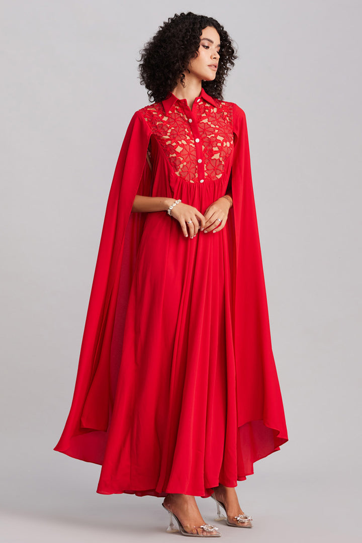 Ruby Red Lace & Georgette Cape Dress