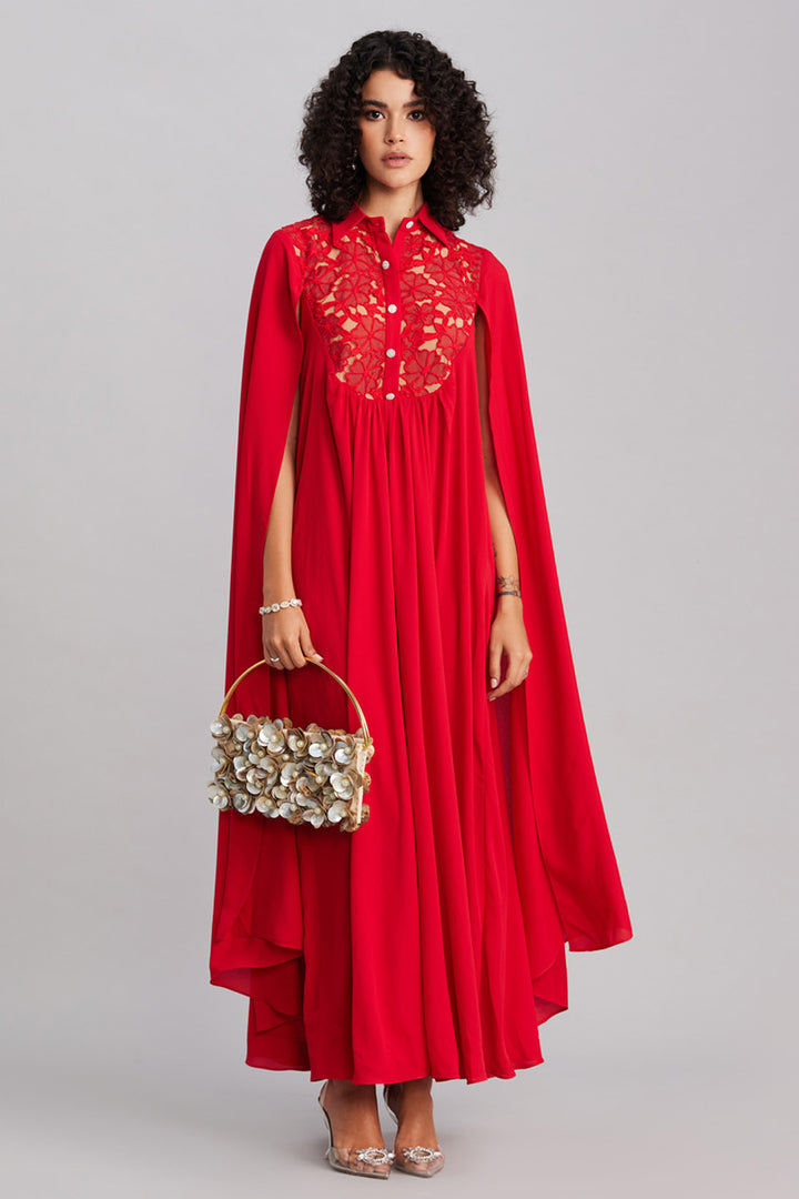 Ruby Red Lace & Georgette Cape Dress