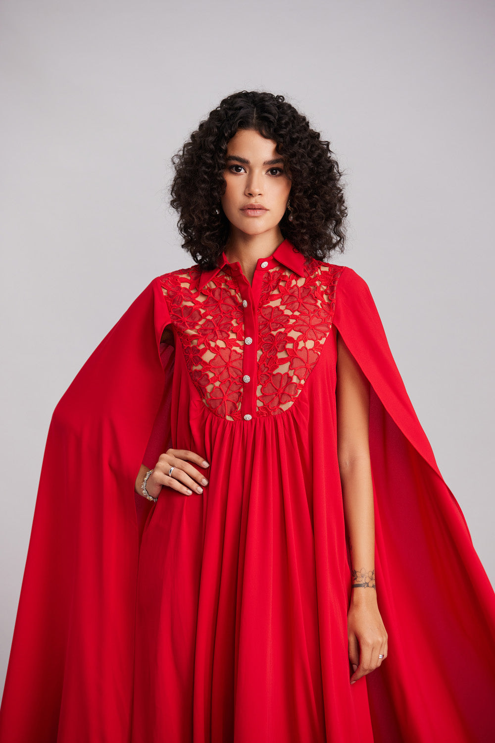 Ruby Red Lace & Georgette Cape Dress