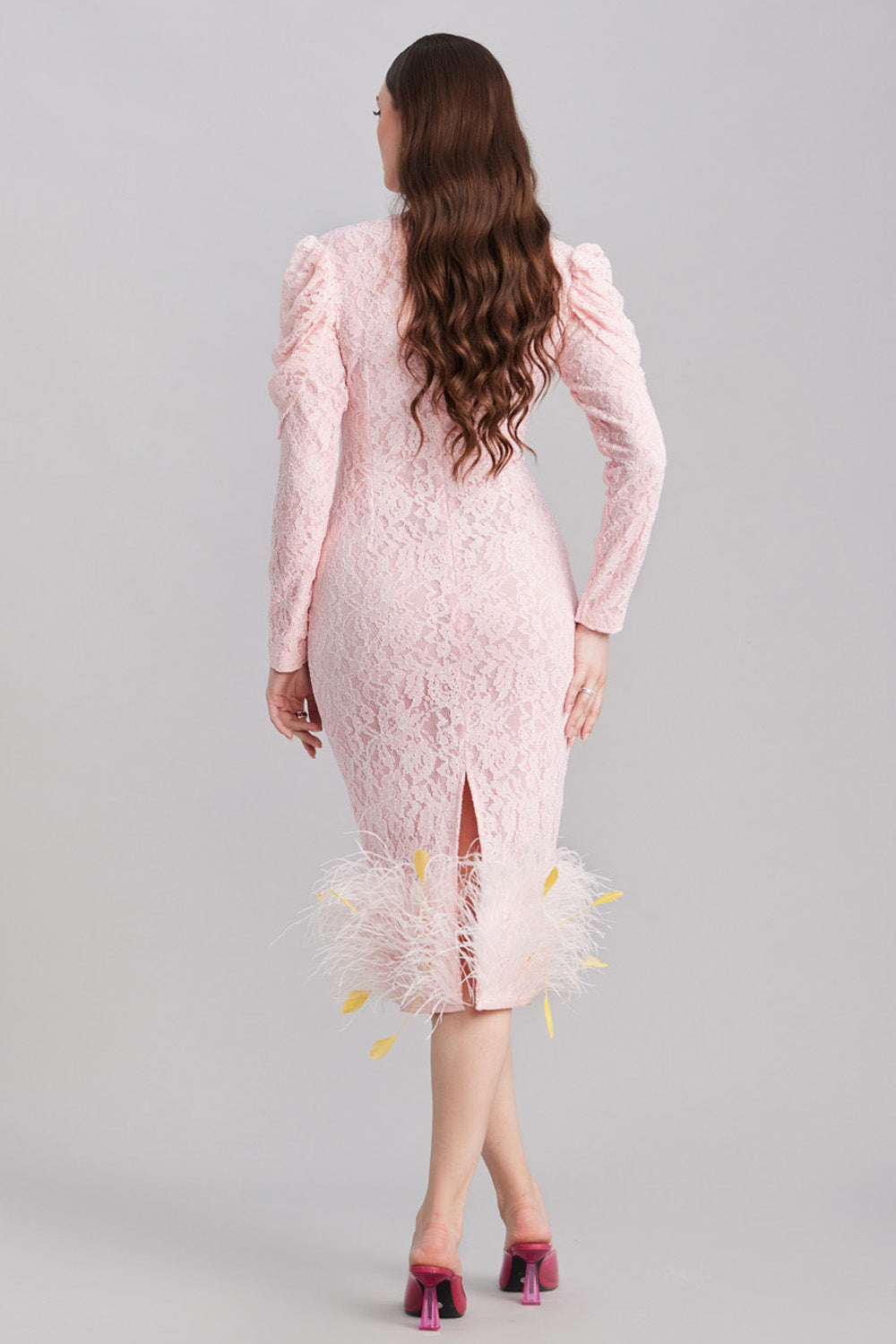 Baby Pink Lace Midi With Feathers