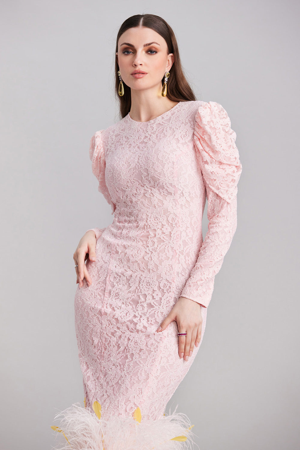 Baby Pink Lace Midi With Feathers