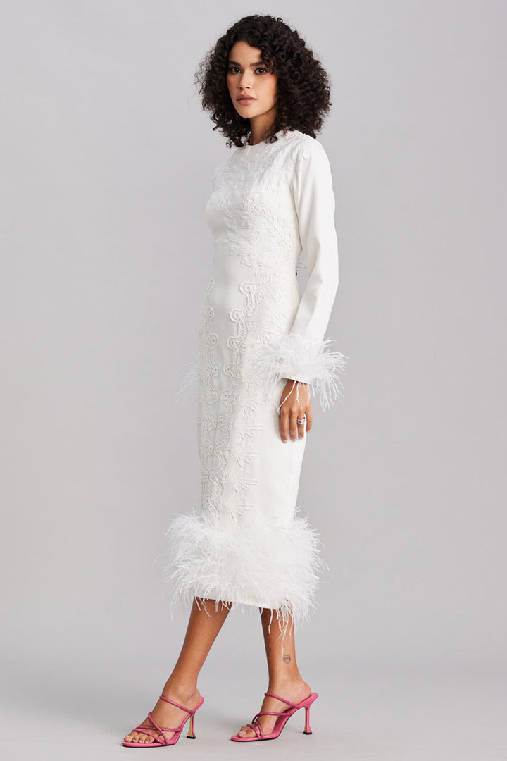 White Feather & Lace Bodycon Midi Dress